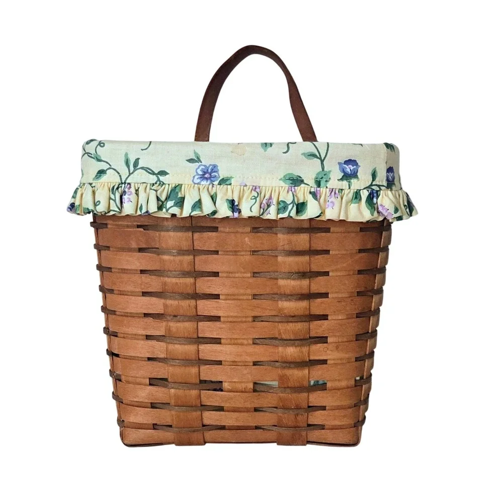 Longaberger 1990 Vintage Wall Hanging Basket Leather Handle‎ Floral Liner USA